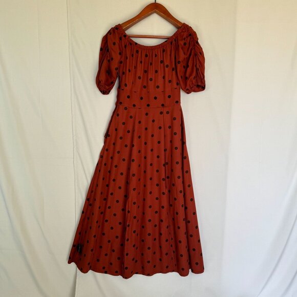 Anthropologie Maeve Lucienne Off-The-Shoulder Brown Polka Dot Maxi Dress Size 6 - Picture 8 of 16